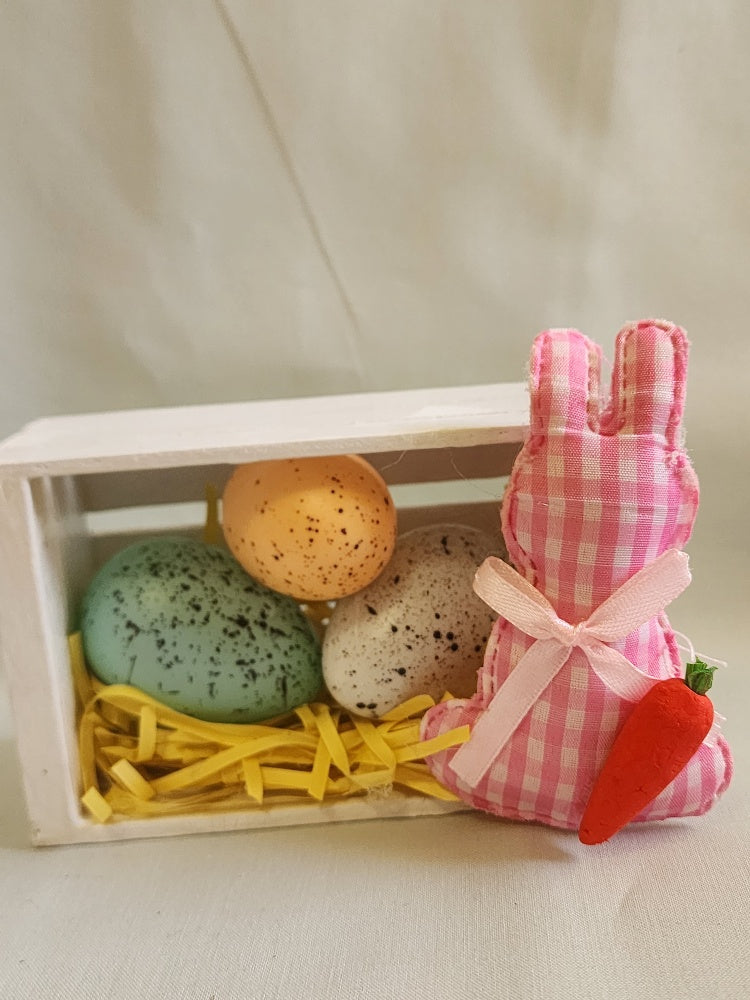 Easter Bunny Crate with Speckled Eggs — Spring Shelf & Table Décor