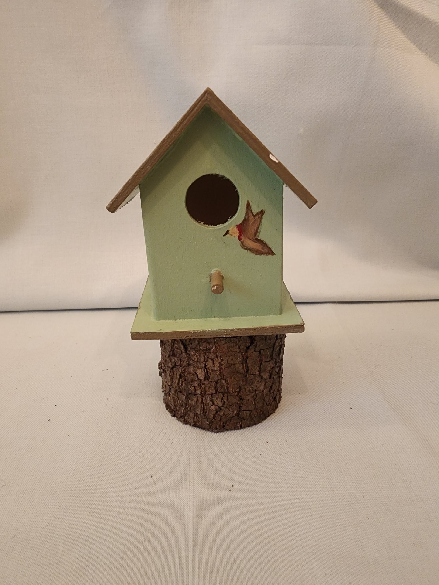 Rustic Branch-Mounted Mini Birdhouse with Hand-Painted Bird Detail