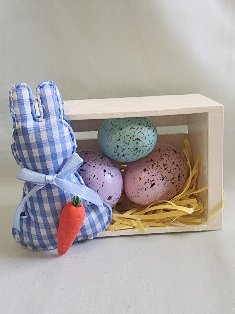 Easter Bunny Crate with Speckled Eggs — Spring Shelf &amp; Table Décor