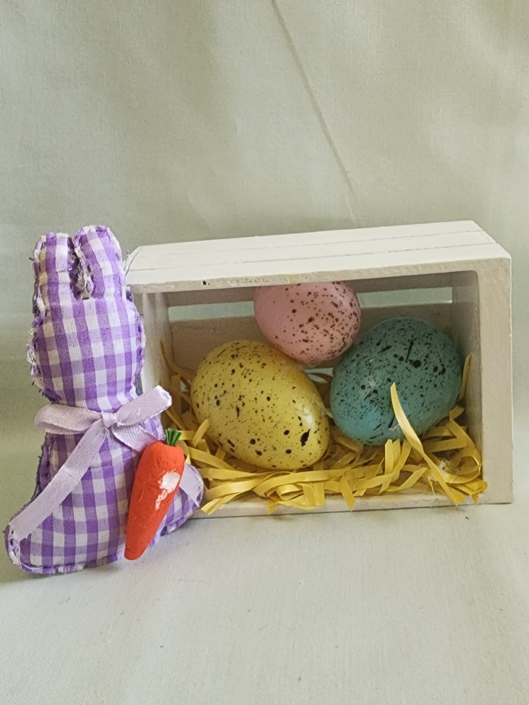 Easter Bunny Crate with Speckled Eggs — Spring Shelf &amp; Table Décor