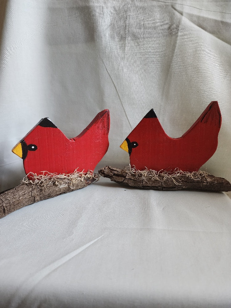 Hand-Painted Wooden Cardinal on Oak Branch