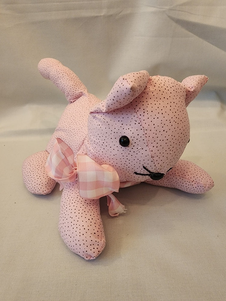 Handmade Pink-printed Cotton Fabric Kitty with Bow