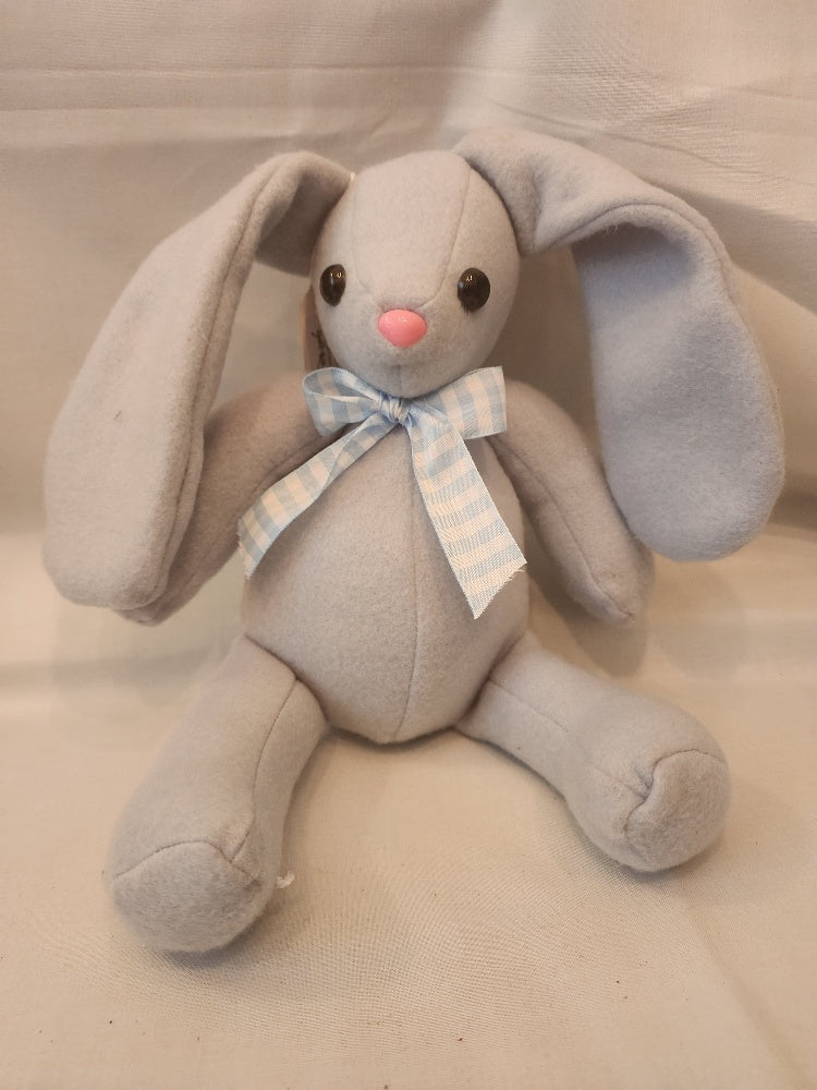 Soft Blue-grey Plush Bunny with Blue Gingham Bow