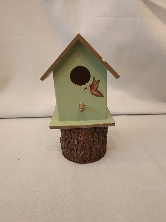 Rustic Branch-Mounted Mini Birdhouse with Hand-Painted Bird Detail